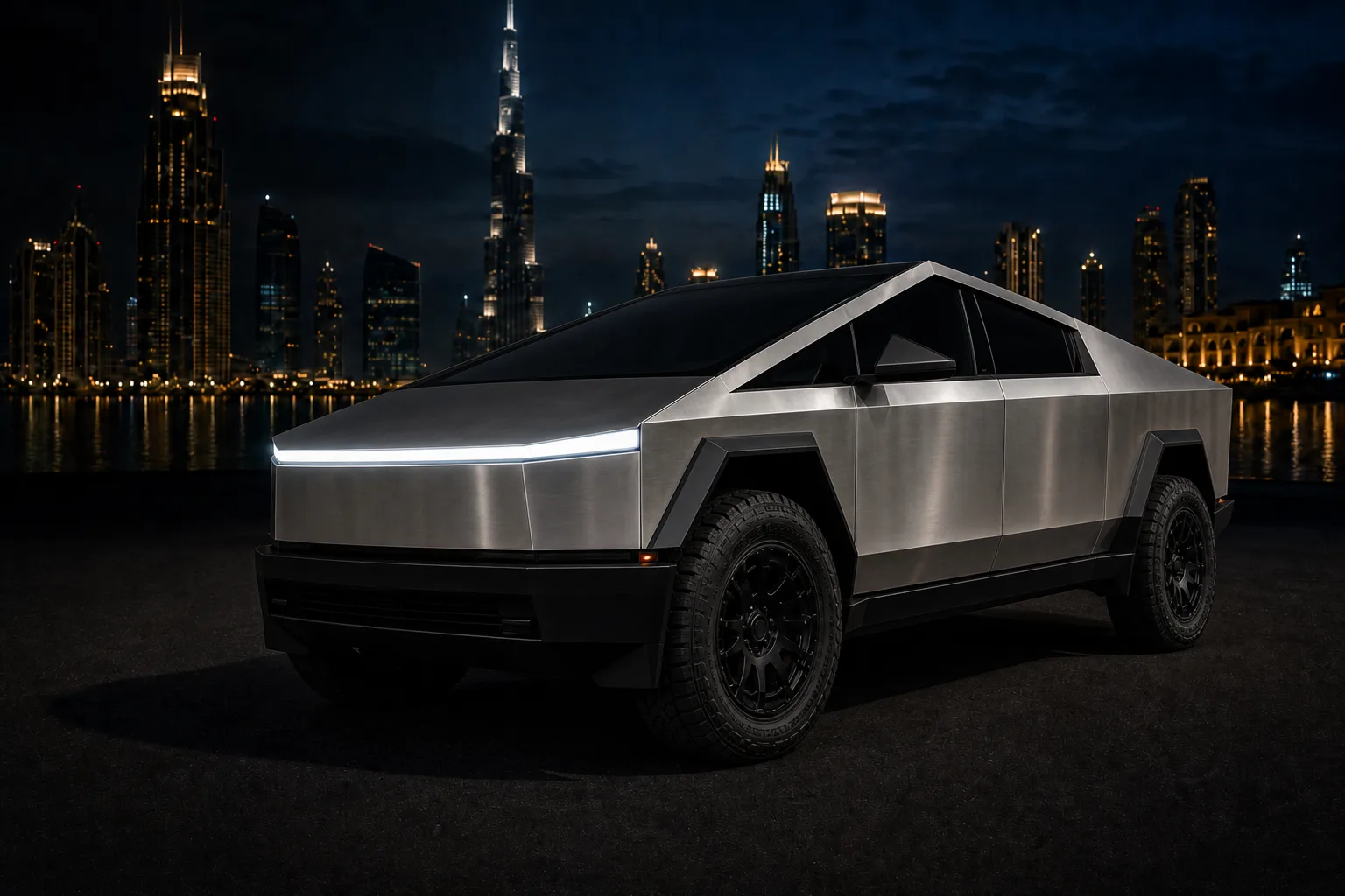 Tesla rental Dubai skyline