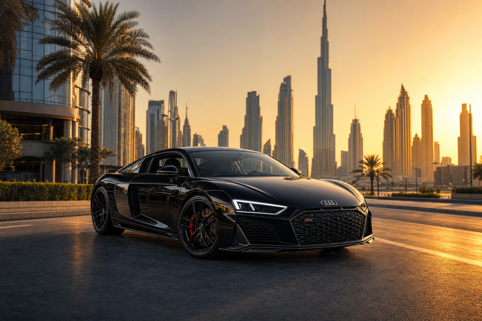 Audi R8 rental Dubai with Burj Khalifa skyline