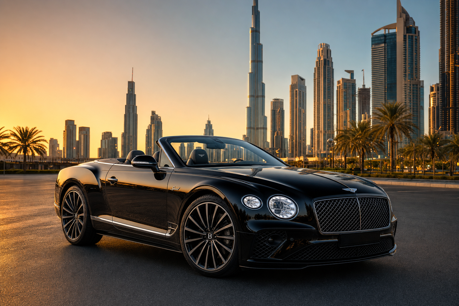 Bentley Continental GTC Speed rental Dubai with skyline backdrop