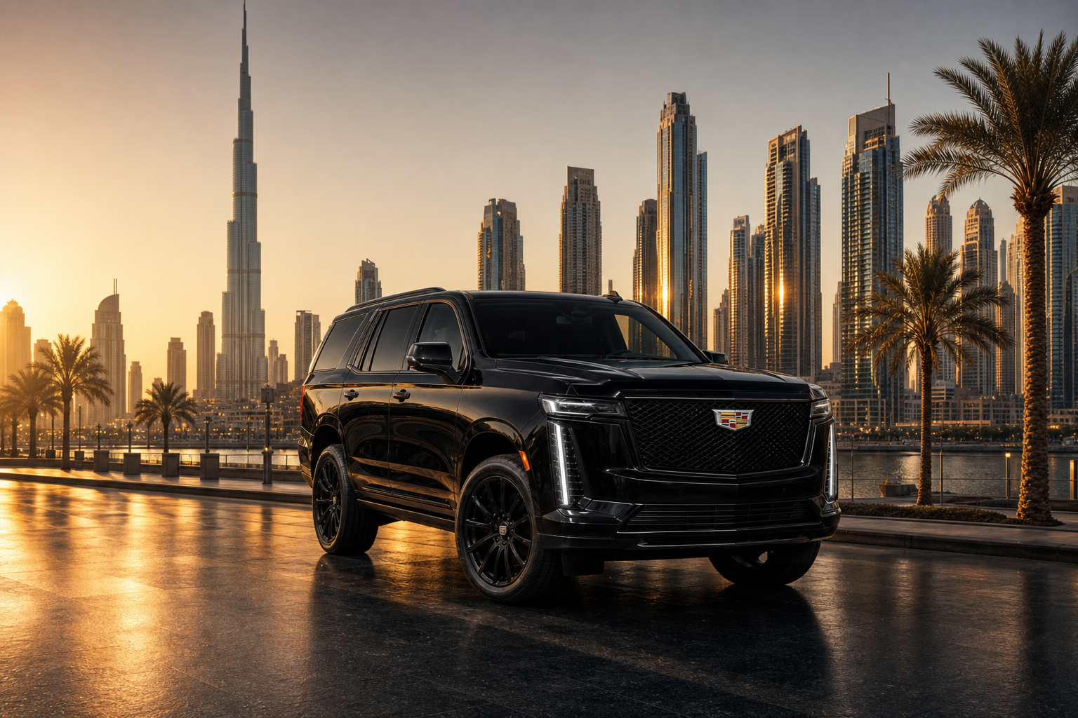 Cadillac Escalade rental Dubai with skyline backdrop