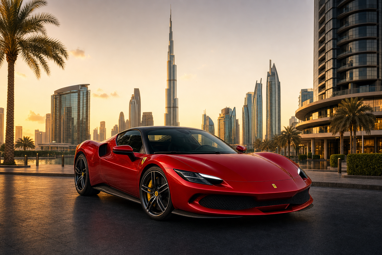 Ferrari 296 GTB rental Dubai with Burj Khalifa skyline