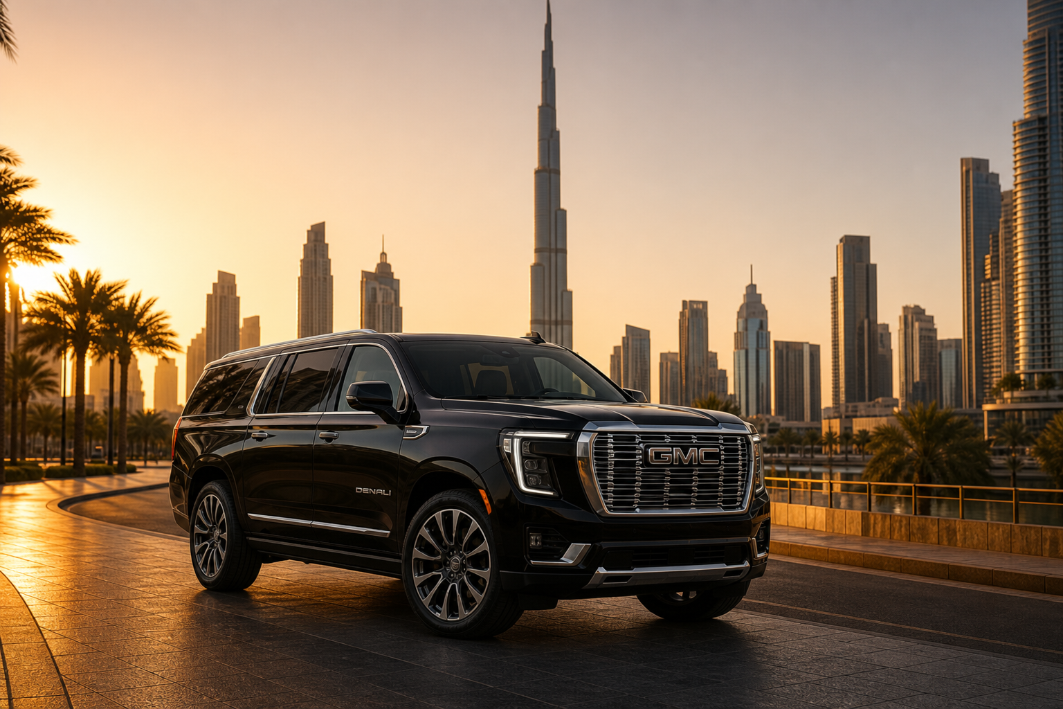 GMC Yukon Denali XL rental Dubai with skyline backdrop