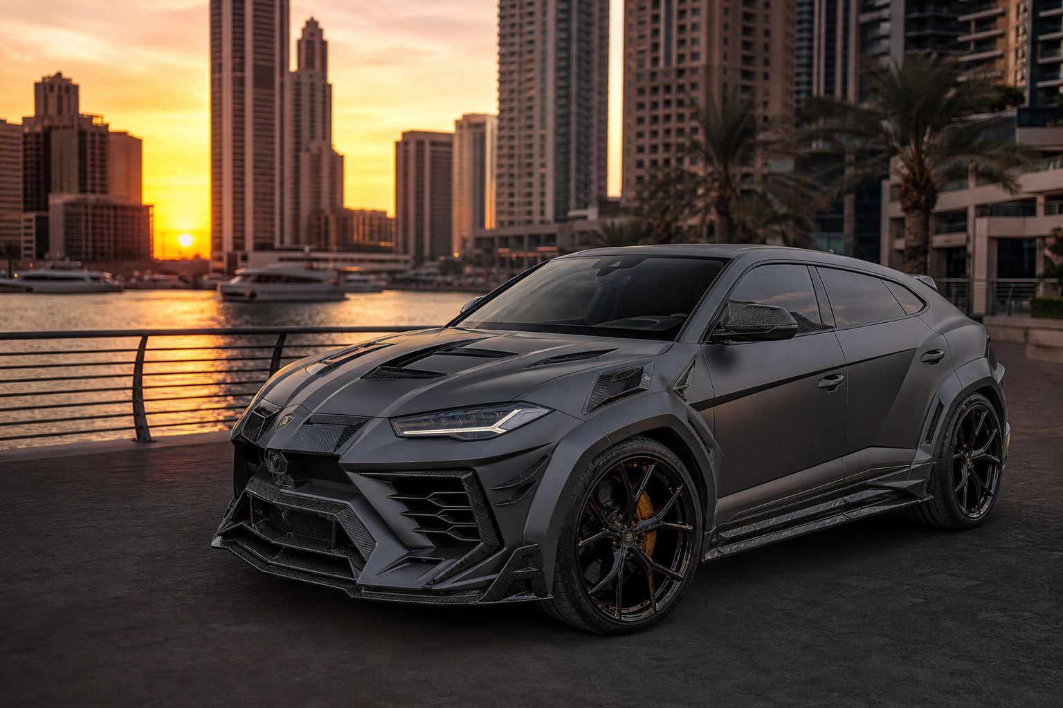Lamborghini Urus Mansory rental Dubai with skyline backdrop