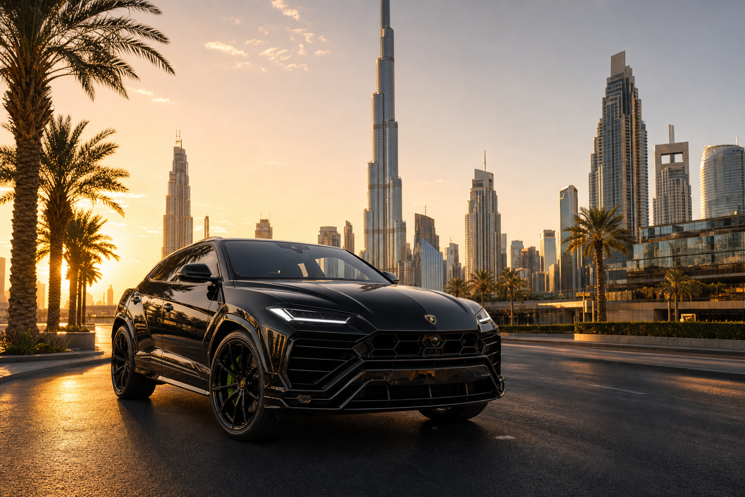 Lamborghini Urus SE rental Dubai with Burj Khalifa skyline
