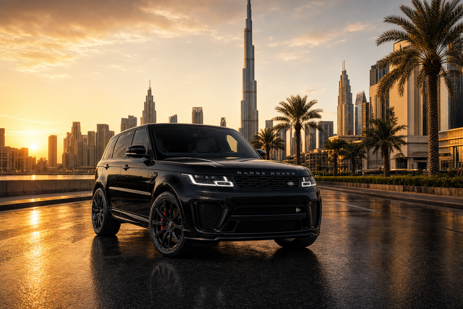 Range Rover Sport SVR rental Dubai with skyline backdrop