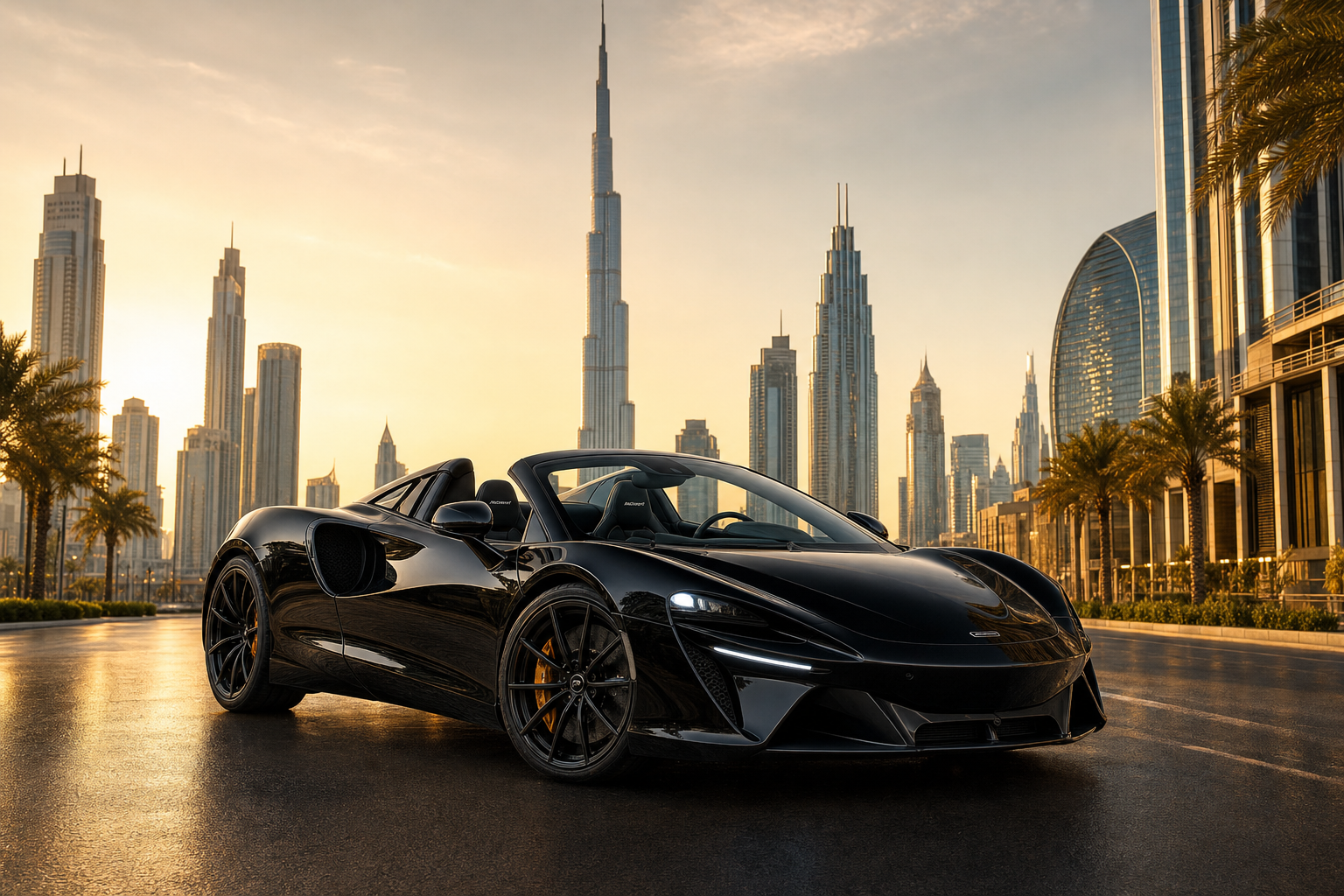 McLaren Artura Spider rental Dubai with skyline backdrop