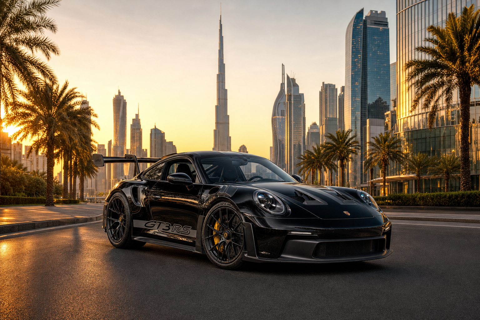 Porsche 911 GT3 RS rental Dubai with skyline backdrop