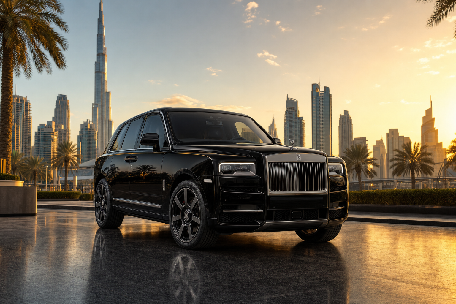 Rolls-Royce Cullinan rental Dubai with Burj Khalifa skyline
