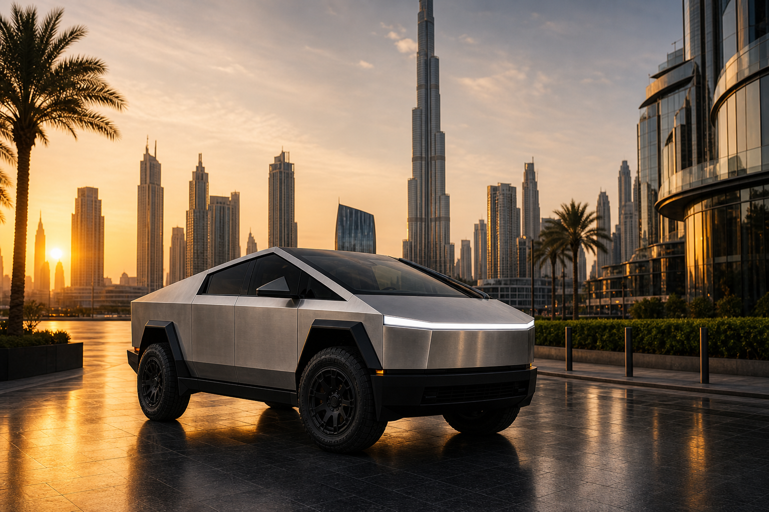 Tesla Cyberbeast rental Dubai with skyline backdrop