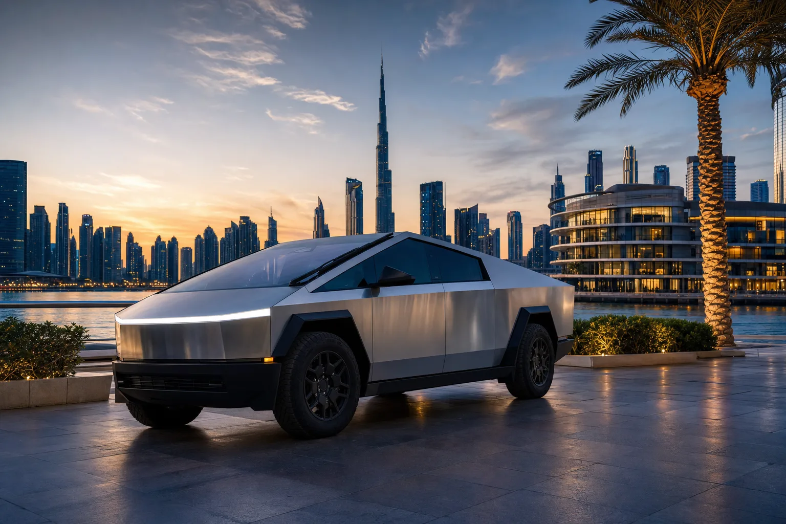 Tesla Cybertruck electric car rental Dubai skyline hero