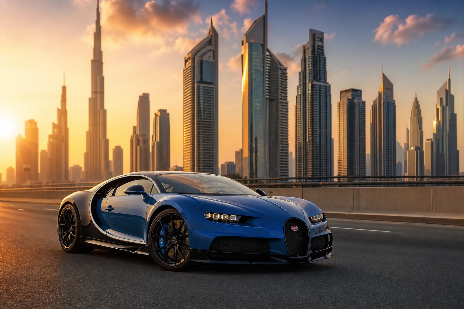 Bugatti Chiron hypercar rental Dubai skyline hero