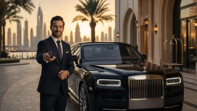 DreamRides concierge presenting keys beside a luxury car at a Dubai hotel entrance