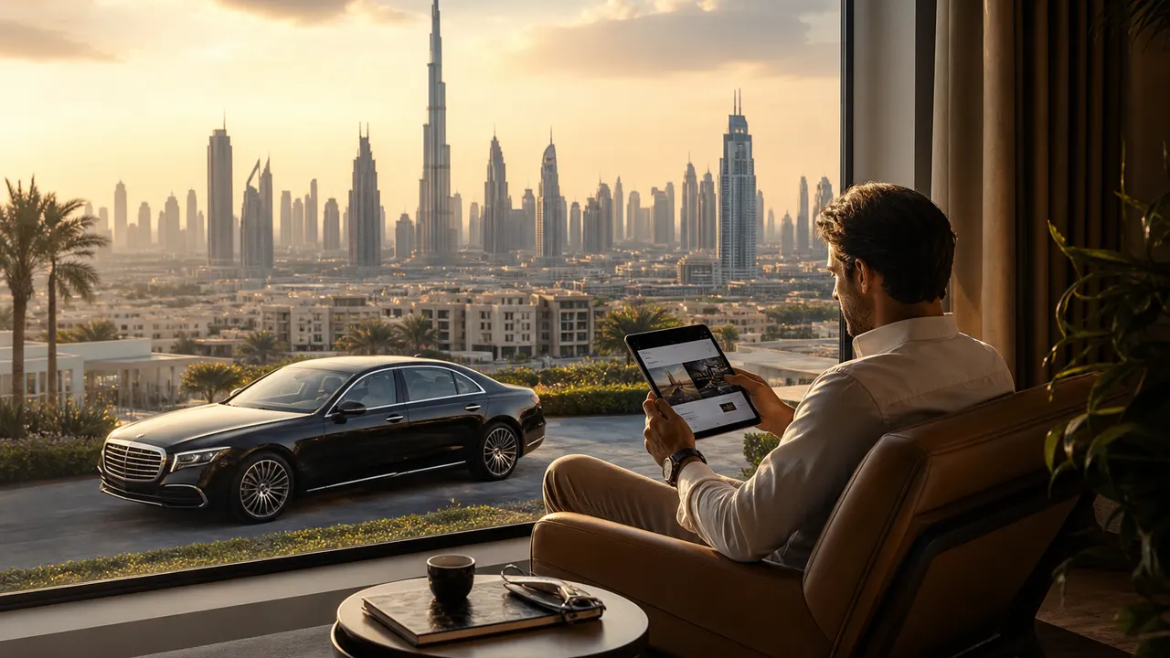 Editorial luxury travel scene overlooking the Dubai skyline with a luxury car below