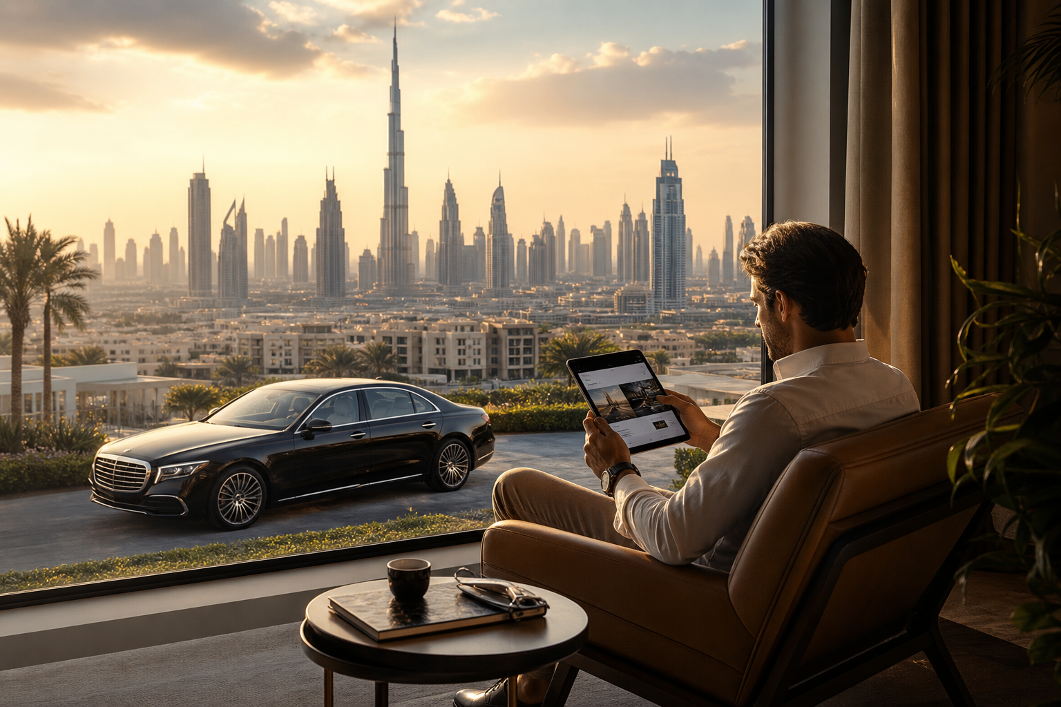 Editorial luxury travel scene overlooking the Dubai skyline with a luxury car below