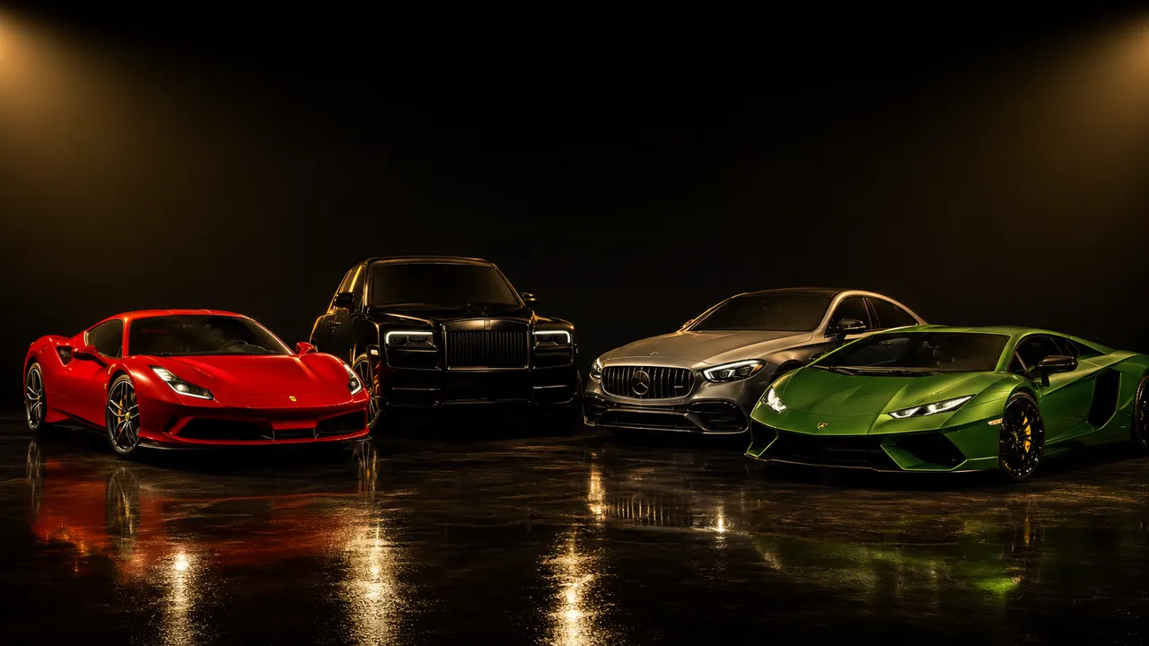 Luxury car brands showcased together in a dark studio setting