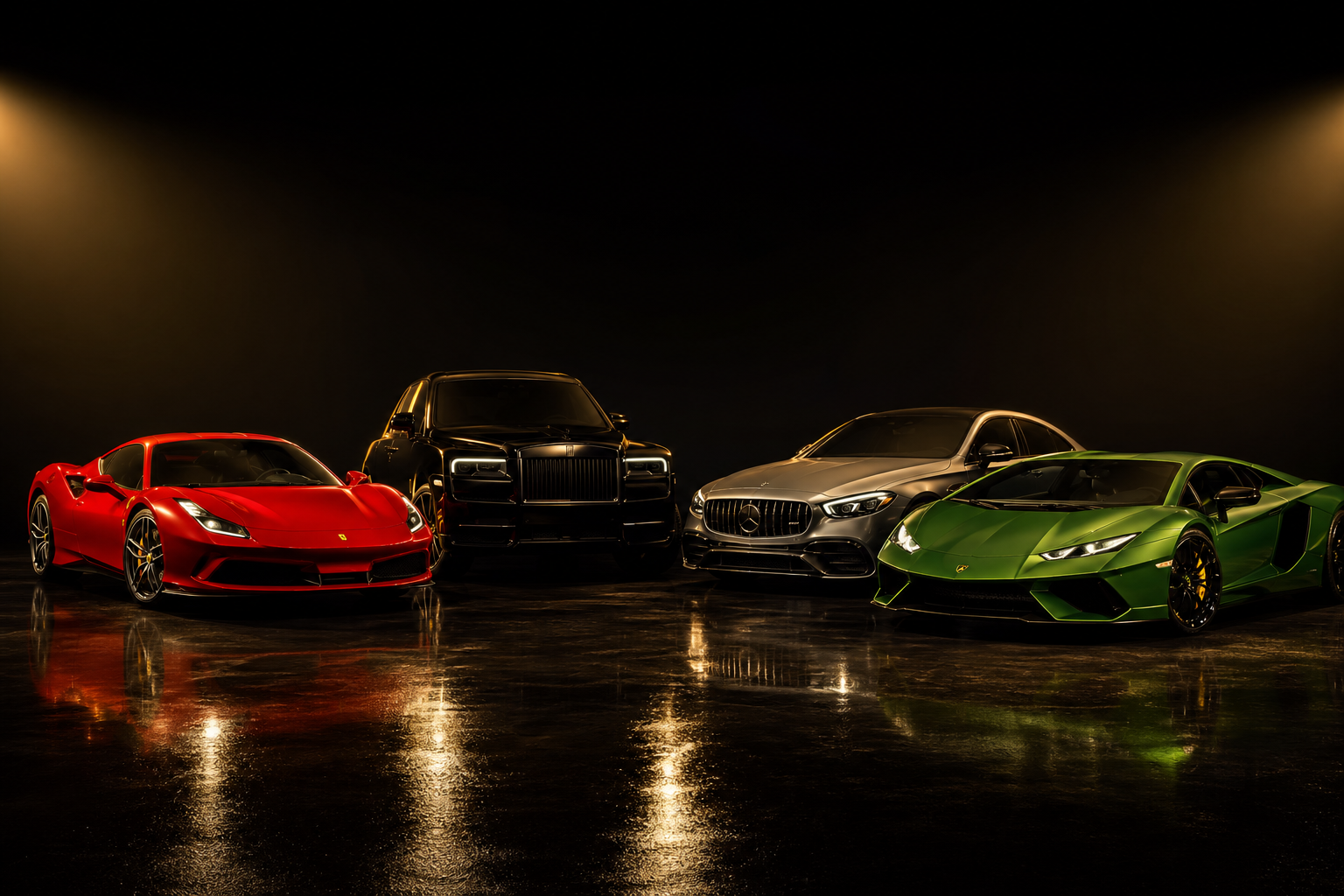 Luxury car brands showcased together in a dark studio setting