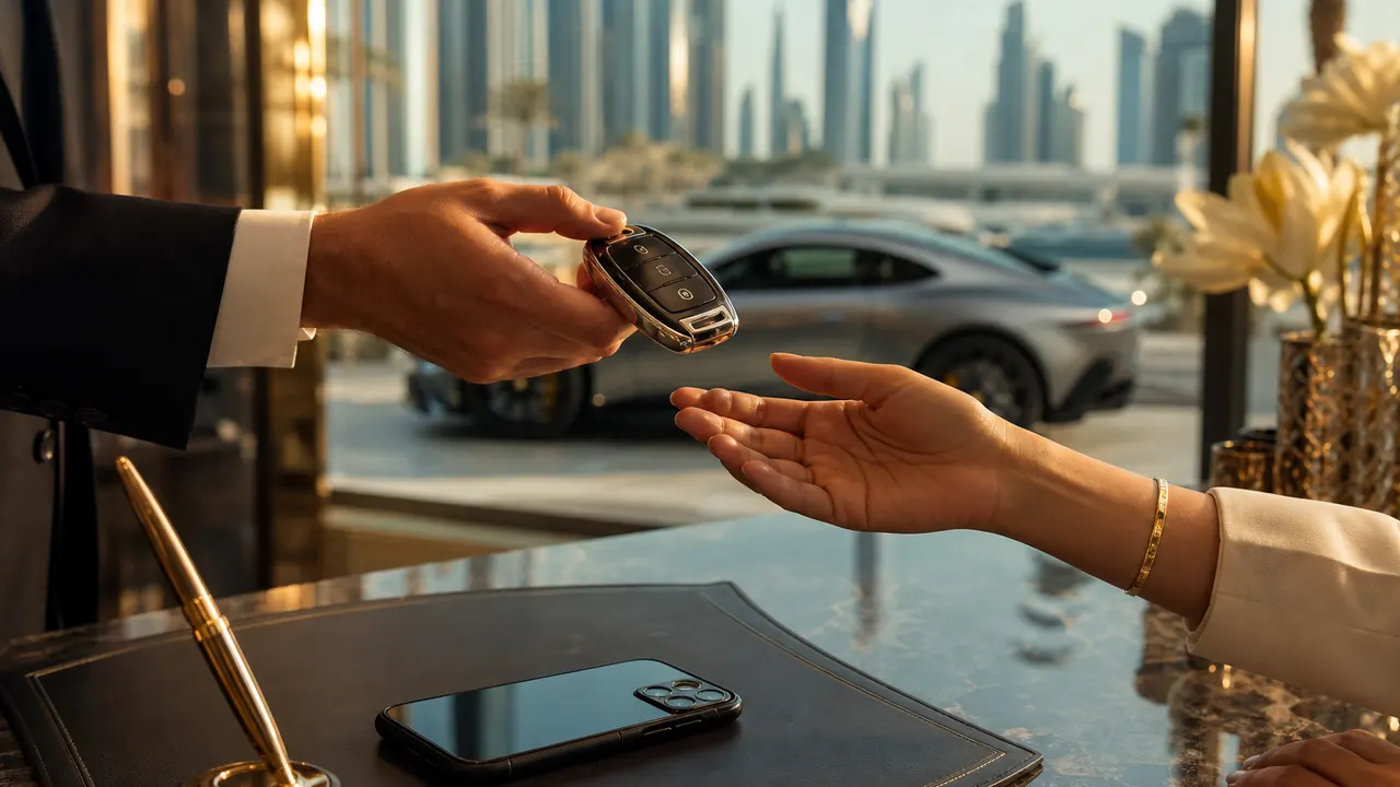 Concierge desk handover with keys and WhatsApp enquiry support for luxury car rental