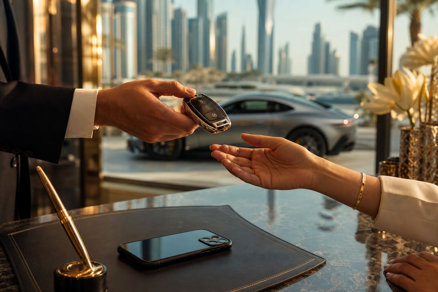 Concierge desk handover with keys and WhatsApp enquiry support for luxury car rental