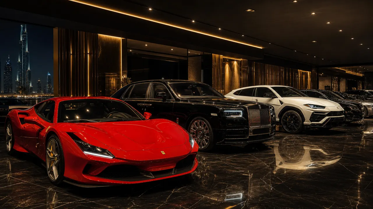 Multiple luxury supercars and SUVs displayed in a luxury Dubai showroom