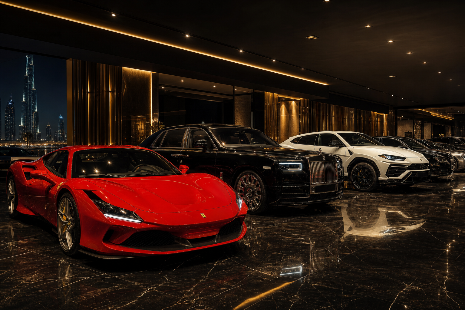 Multiple luxury supercars and SUVs displayed in a luxury Dubai showroom