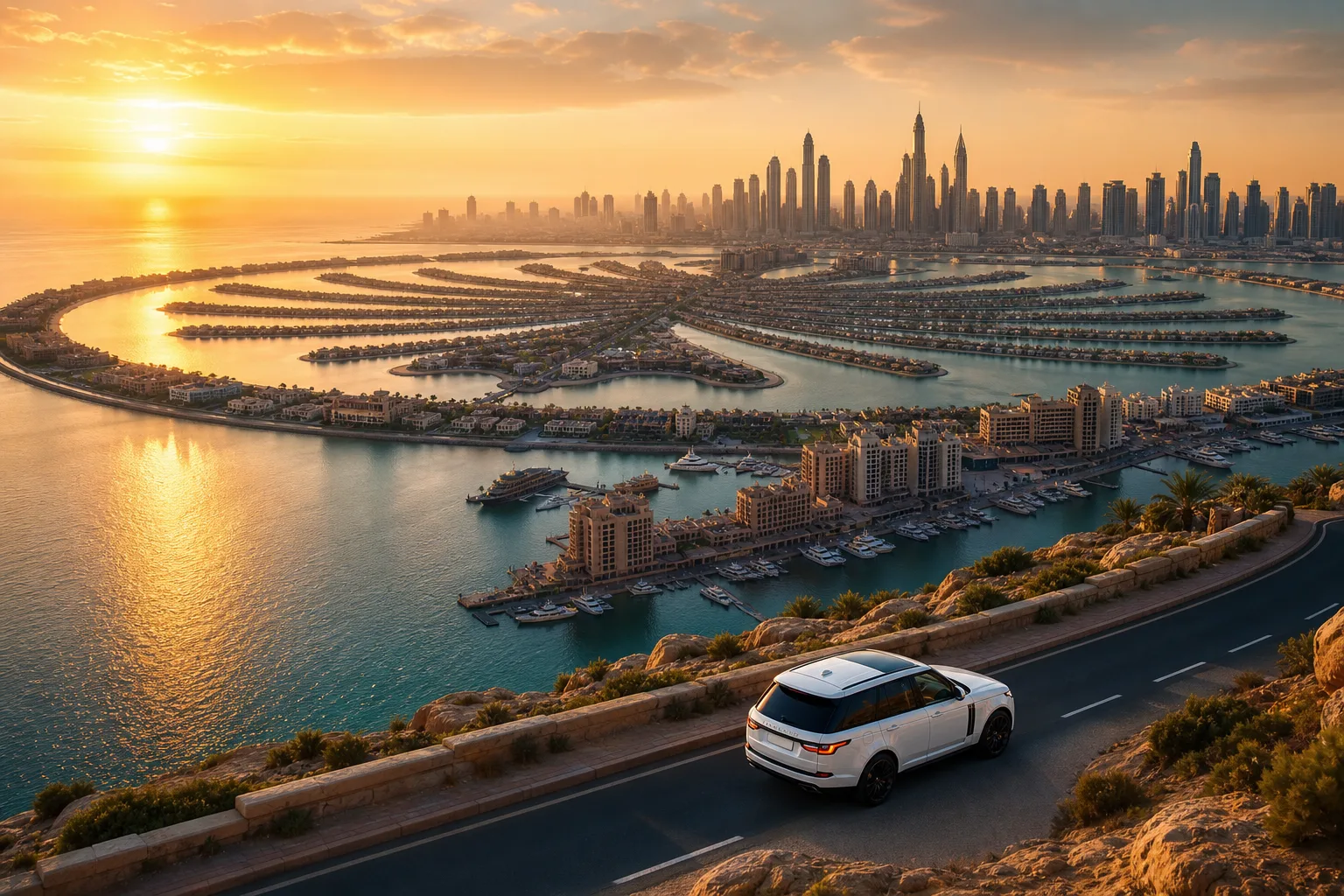 Luxury car driving along Dubai Marina with the Palm Jumeirah skyline at golden hour