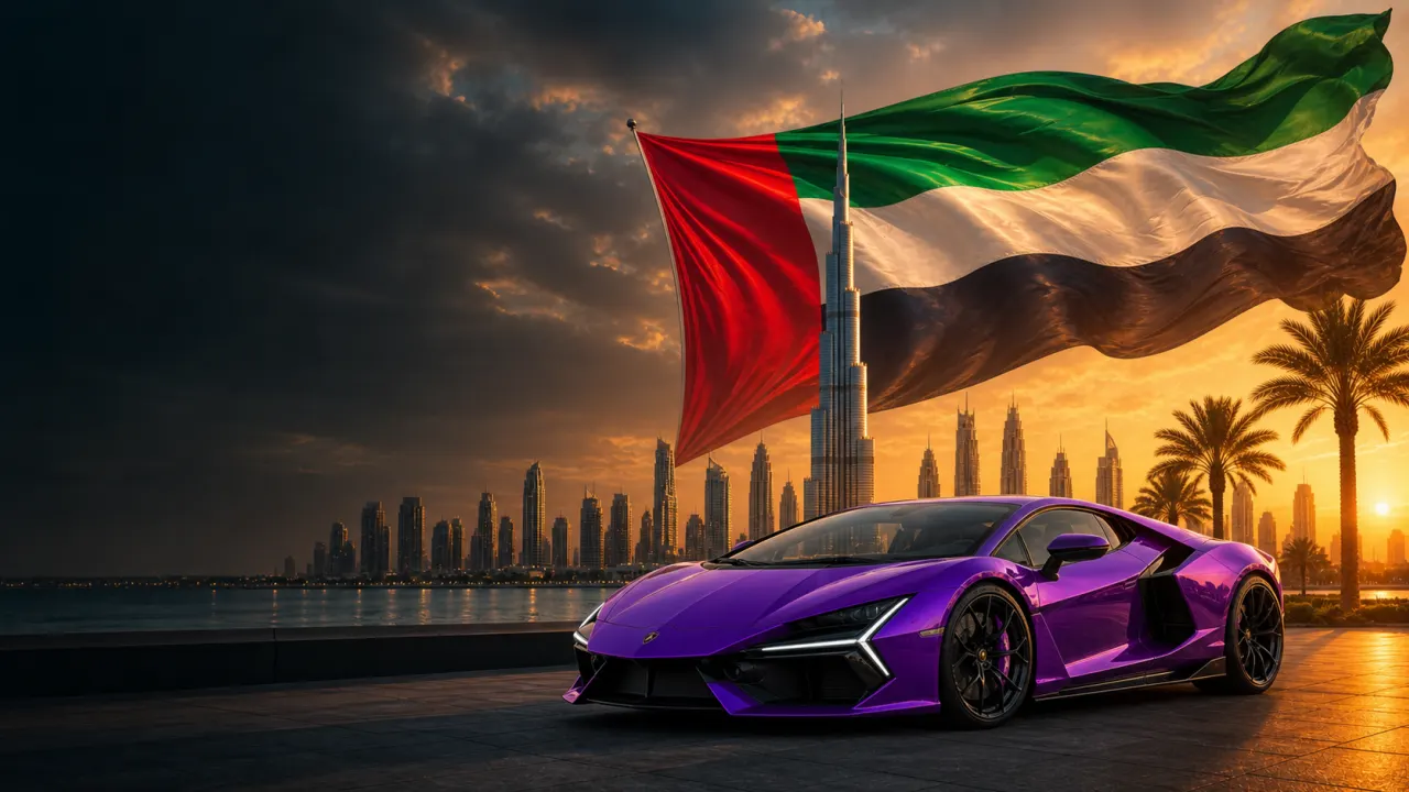 Luxury sports car against the Dubai skyline at golden hour
