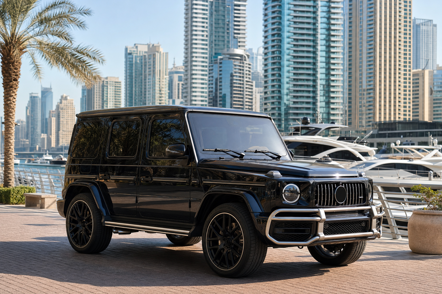 Mercedes G-Class luxury SUV at Dubai Marina waterfront