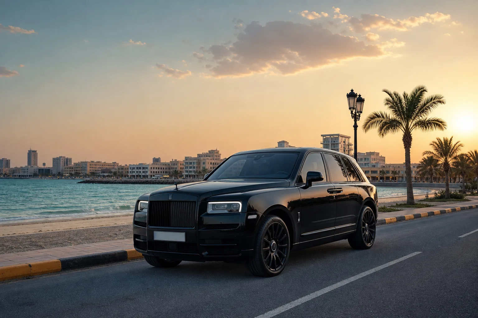 Rolls-Royce at Ajman corniche with Gulf coastline and beachfront city