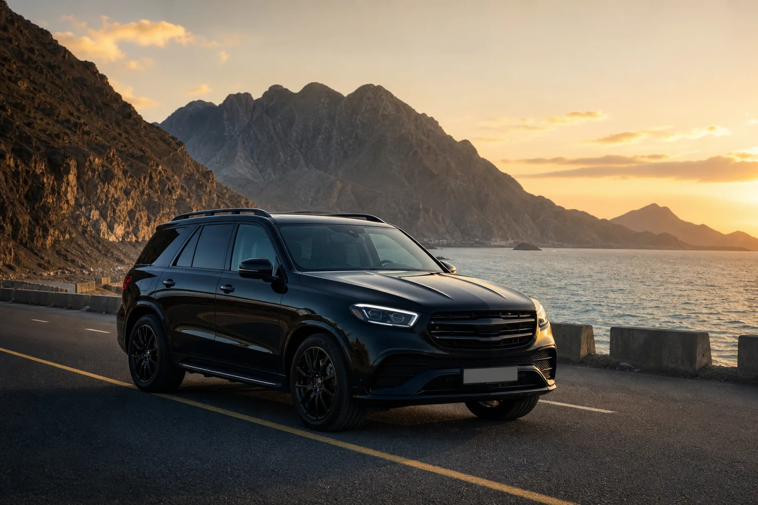 Luxury SUV on Fujairah coastal road with Hajar Mountains and Gulf of Oman