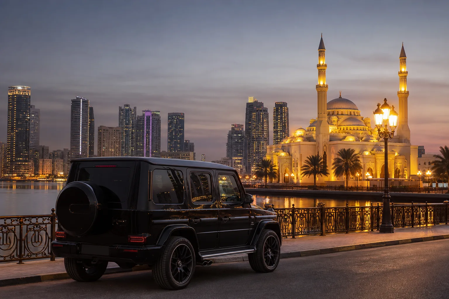 Mercedes G63 at Sharjah waterfront with Al Noor Mosque and Khalid Lagoon